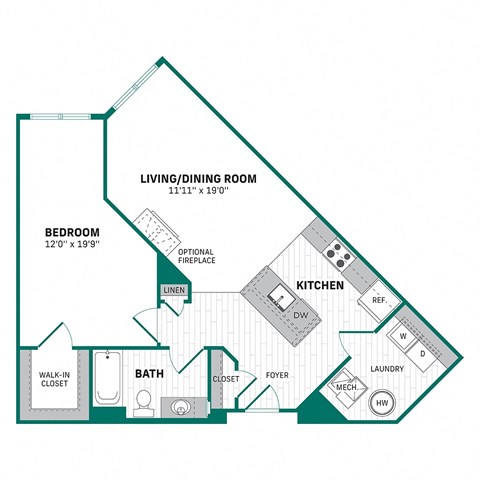 Floor plan for 1 bed, 1 bath, 808 sqft